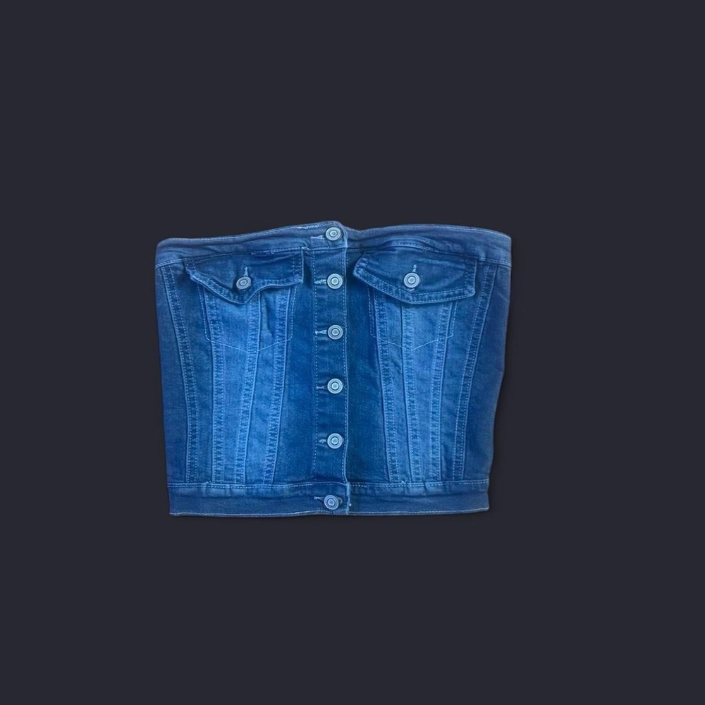 Denim Button-Front Strapless Bustier Top - Blue